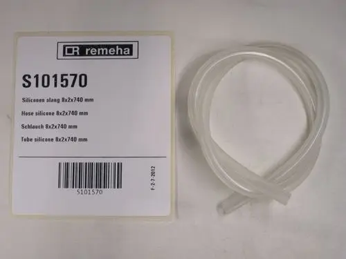 Transparente Silikonschläuche von Remeha, abgebildet mit einer Produktkarte, die technische Informationen und einen Barcode zeigt.